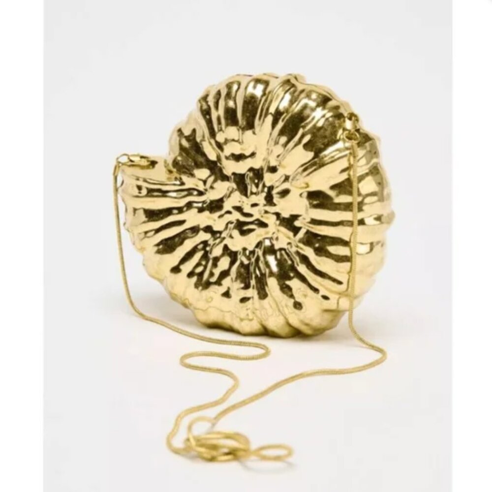 Zara Women Textured Gold Shell Metal Clutch Shoulder Bag NWT